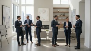 Real estate agents touring a well-staged home at a broker's open, networking and reviewing brochures.