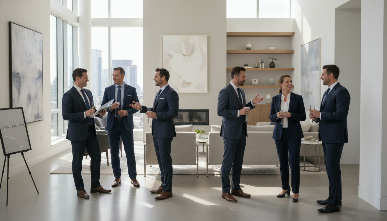Real estate agents touring a well-staged home at a broker's open, networking and reviewing brochures.