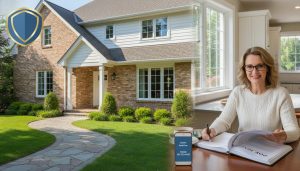 Homeowner reviewing liability insurance policy at table with house in background and shield icon overlay