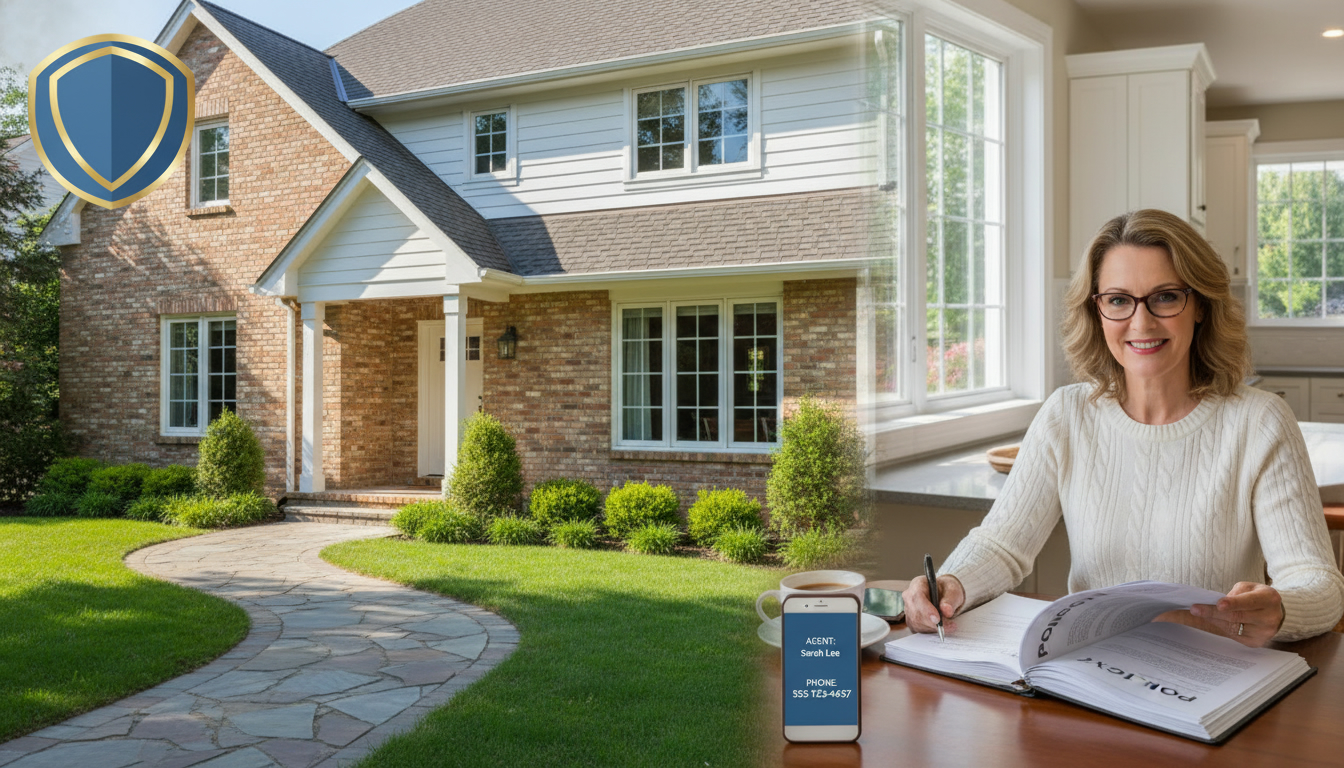 Homeowner reviewing liability insurance policy at table with house in background and shield icon overlay
