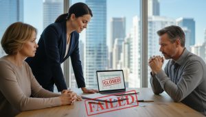 Realtor advising clients over failed real estate closing paperwork on a table