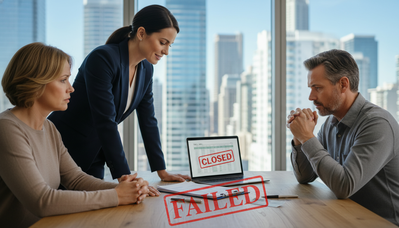 Realtor advising clients over failed real estate closing paperwork on a table