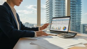 Realtor reviewing condo financial documents with calculator and laptop, condo building visible in background