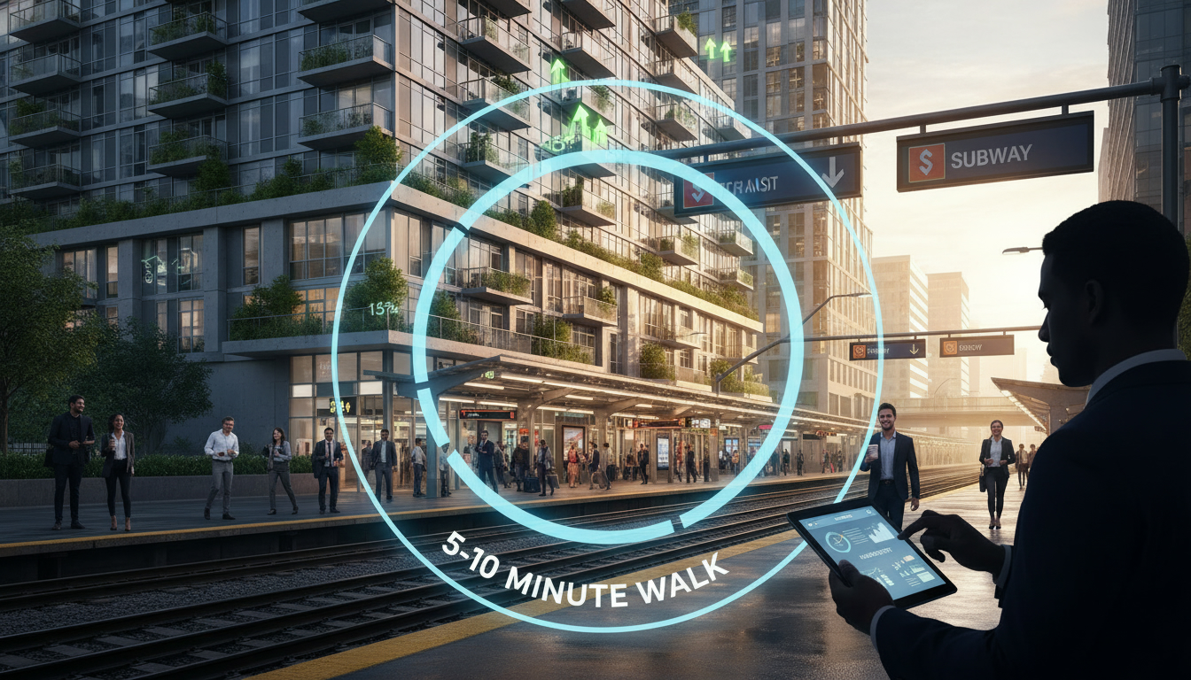 Residential building near a transit station with walking radius overlay and upward value indicators