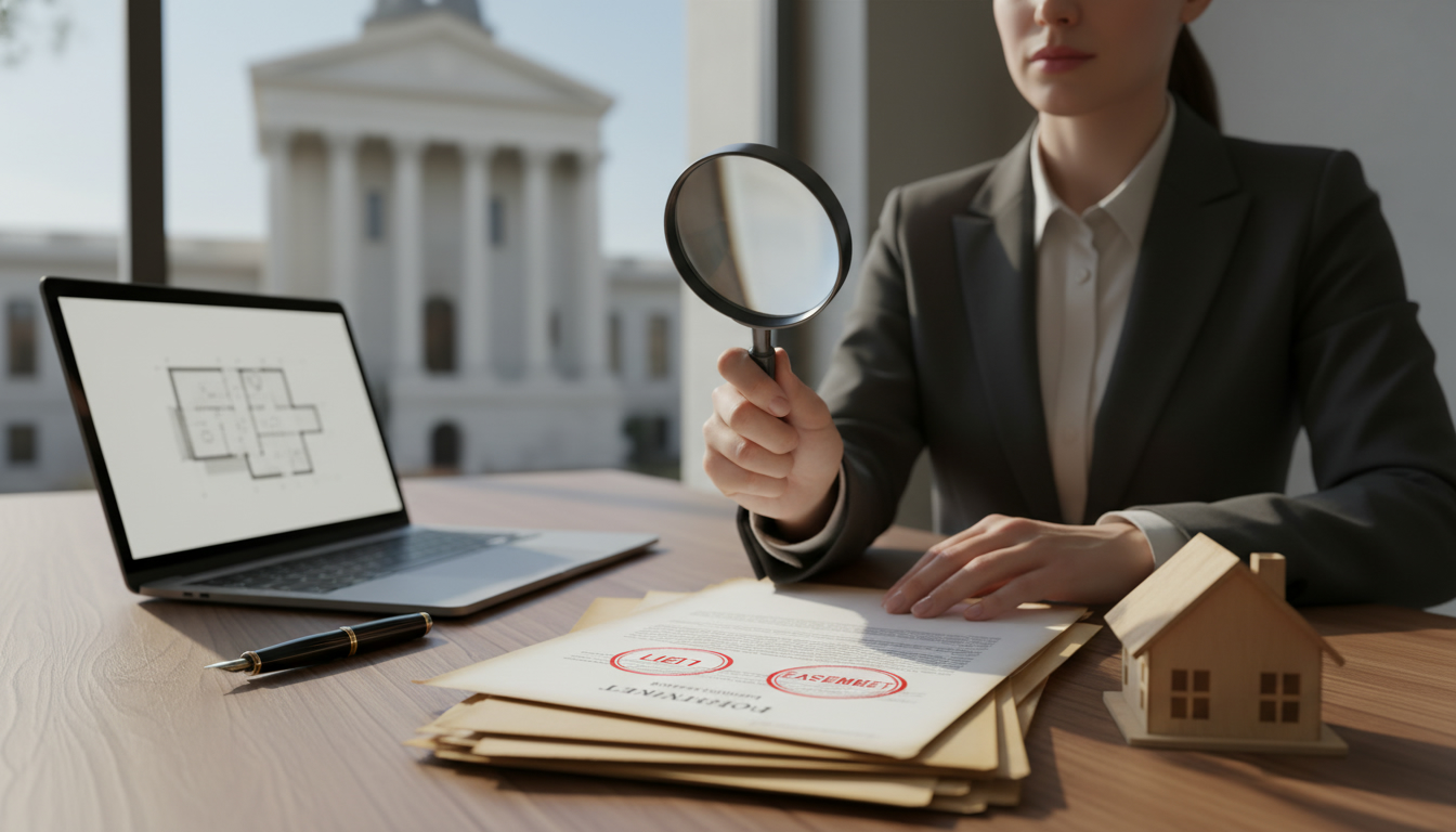 Real estate professional examining deed and legal documents about lien and easement on a property