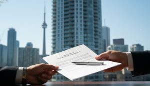 Hands exchanging an assignment of purchase agreement in front of a modern condo tower