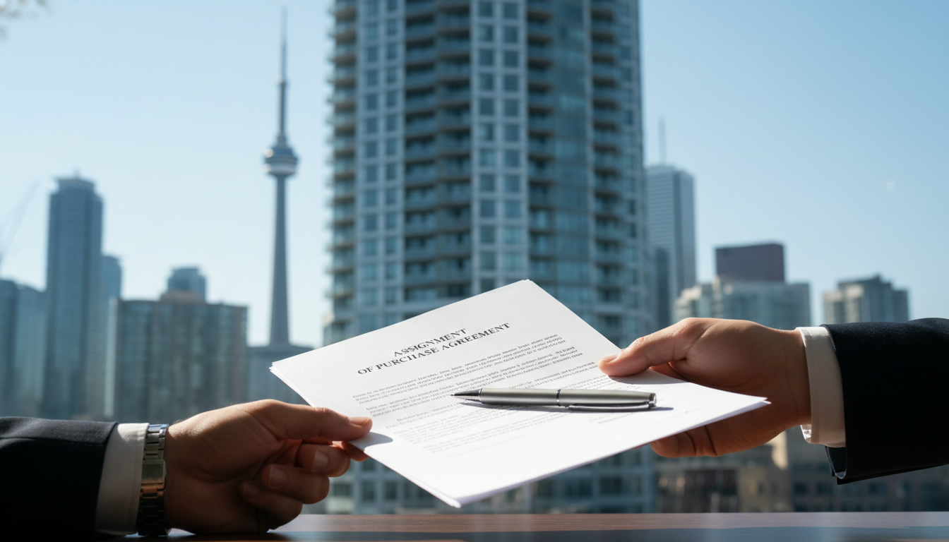 Hands exchanging an assignment of purchase agreement in front of a modern condo tower