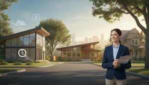 Realtor inspecting houses of different ages with checklist icons for roof, electrical, plumbing and foundation