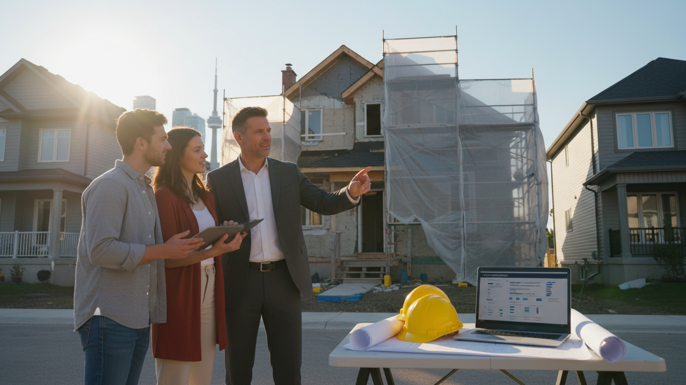 Realtor advising couple about renovation mortgage for a fixer-upper house with blueprints and contractor helmets.