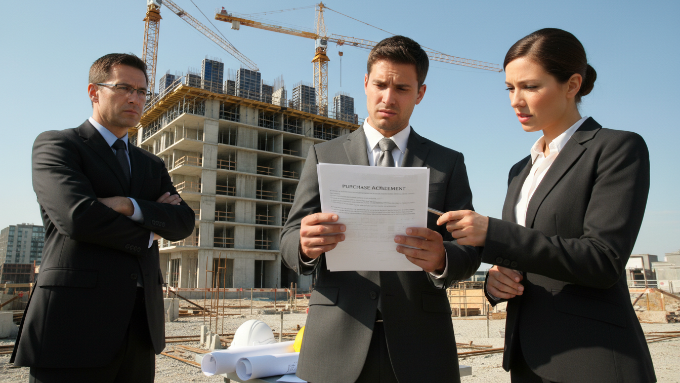 Buyer reviewing pre-construction purchase agreement with realtor and lawyer at a construction site with cranes and blueprints in the background.