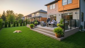 Modern backyard with a new composite deck, staged seating, string lights and a realtor reviewing plans with homeowner.