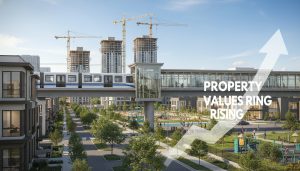 City neighborhood with light rail, construction cranes, new park, and upward property value arrow