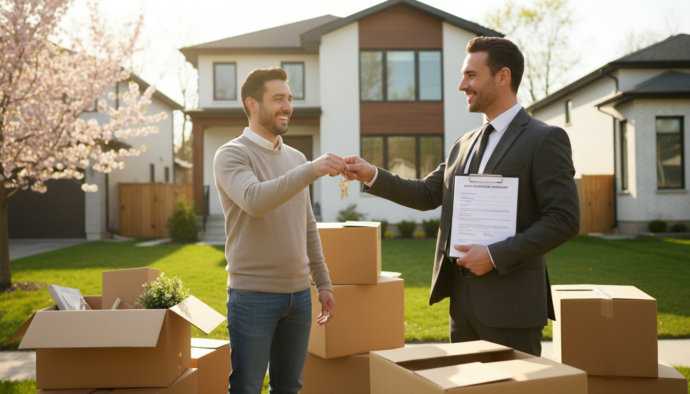 Realtor handing keys to buyer beside moving boxes with early possession agreement clipboard