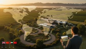 A luxurious rural estate at sunset with drone view, global map overlay and a buyer viewing property on a tablet.