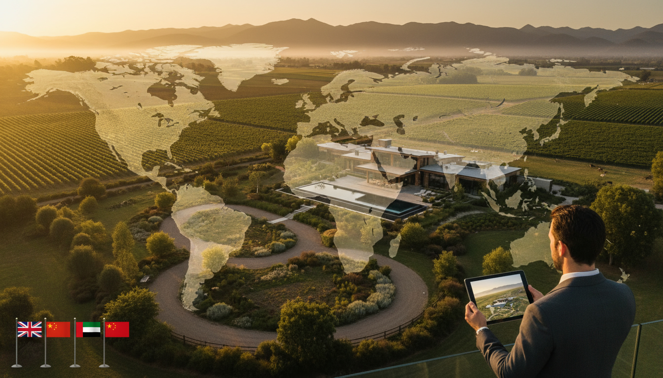 A luxurious rural estate at sunset with drone view, global map overlay and a buyer viewing property on a tablet.