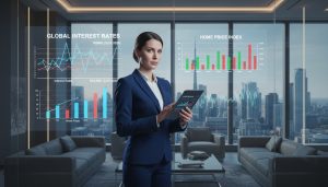 Real estate agent reviewing charts of interest rates and home prices with Toronto skyline in background