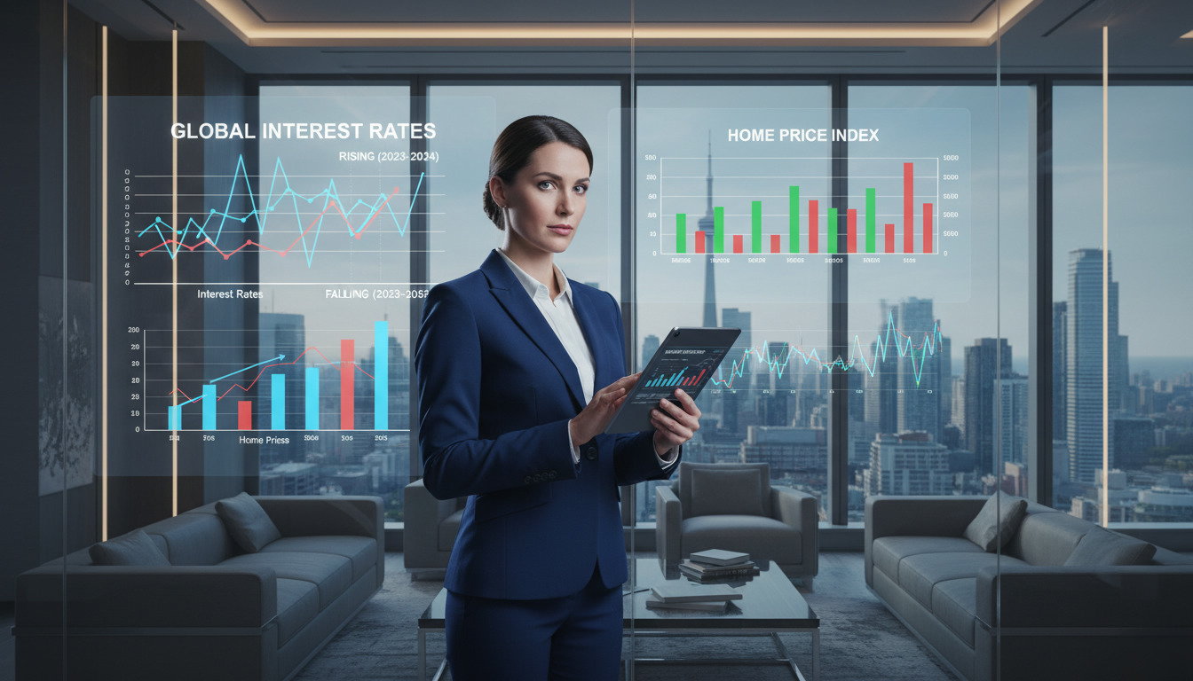 Real estate agent reviewing charts of interest rates and home prices with Toronto skyline in background