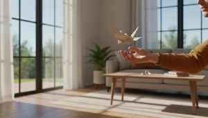 Person releasing paper into the wind by a window symbolizing letting go of personal memories.