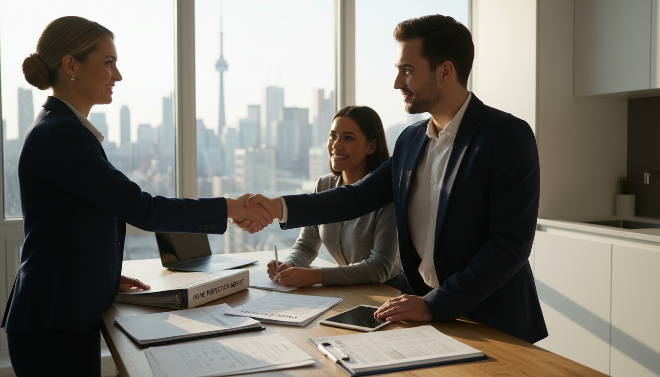 Real estate agent advising buyers on conditional offer paperwork at kitchen table with Toronto skyline visible.