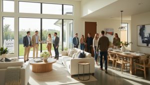 Open house mid-day with buyers touring a bright modern home interior
