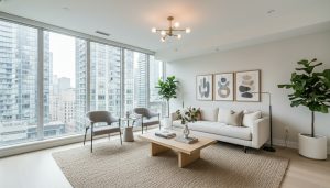 Bright staged living room with neutral furniture and natural light in a modern home.