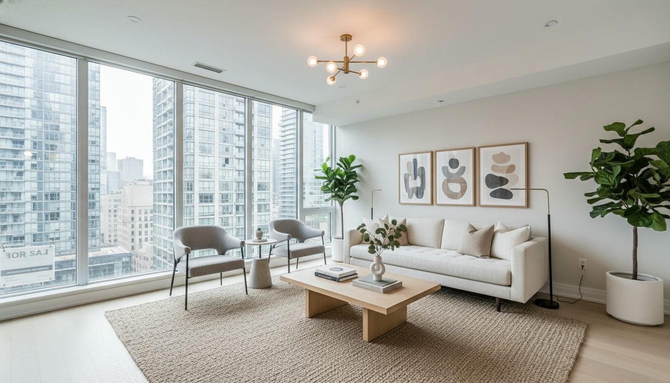 Bright staged living room with neutral furniture and natural light in a modern home.