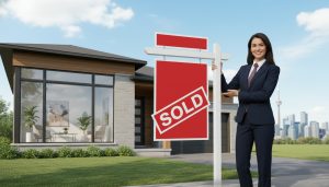 Confident real estate agent holding SOLD sign in front of a modern house with Toronto skyline in background