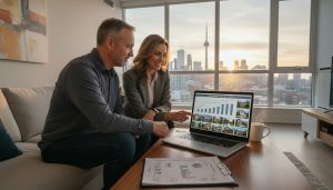 Real estate agent and homeowner reviewing pricing charts and CMA with Toronto skyline visible