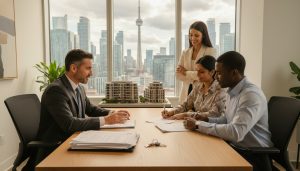 Notary or lawyer overseeing real estate closing with clients signing documents and Toronto skyline visible