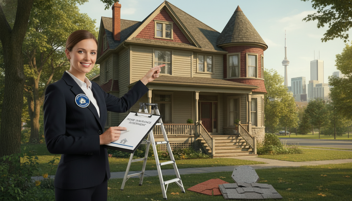Insurance agent assessing an older Victorian-style home with clipboard and ladder, inspecting roof and structure during daytime