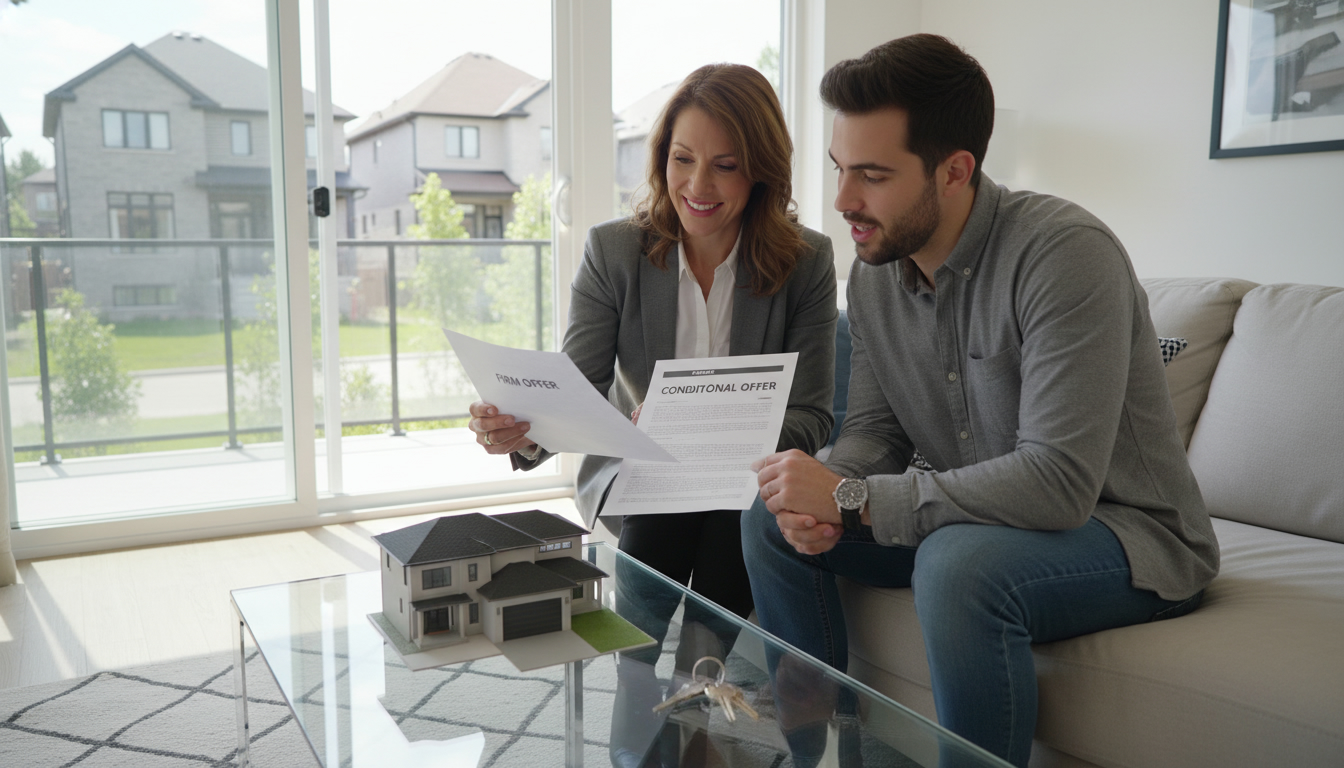Realtor reviewing firm and conditional offer documents with homeowners in a living room