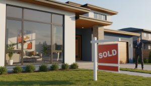 Staged house with sold sign and realtor in background representing fast high-price sale
