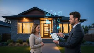 Realtor and homeowner discussing house sale with tablet showing stats