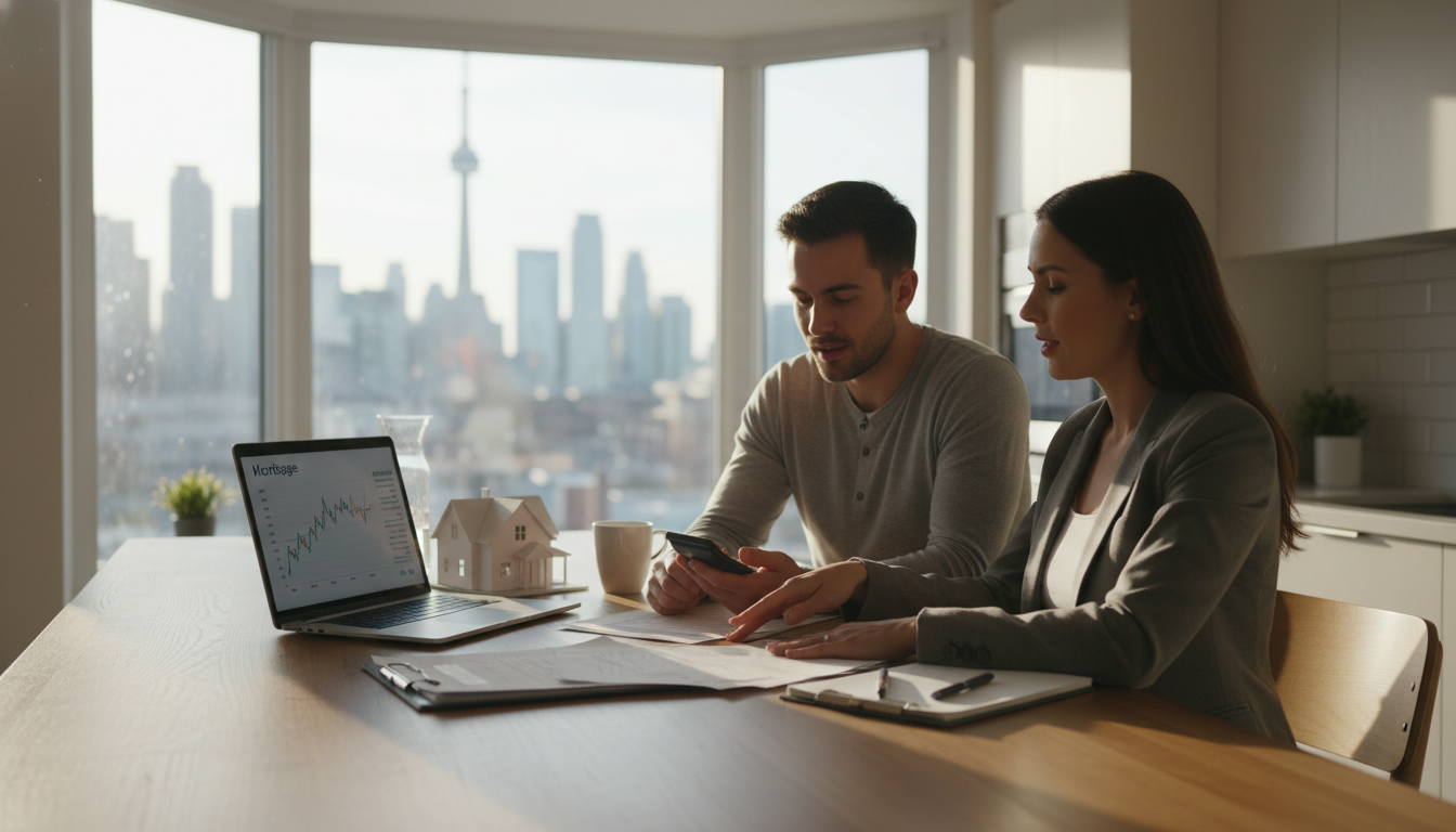 Real estate agent advising first-time buyers over mortgage paperwork with Toronto skyline in background