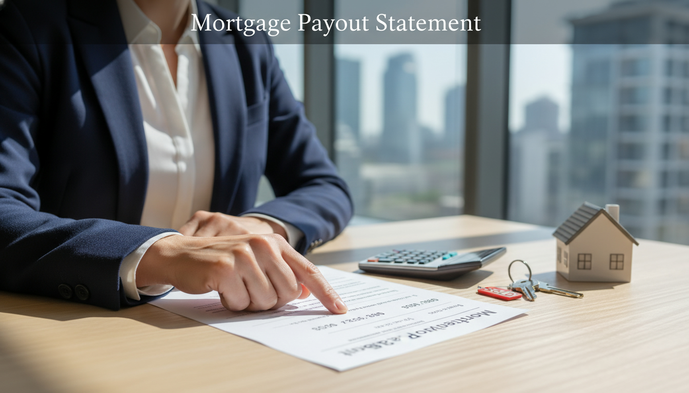 Realtor pointing at mortgage payout statement with calculator and house model on table