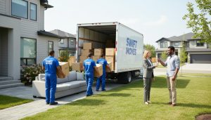 Professional movers carrying boxes into a truck while a realtor hands keys to a smiling homeowner during a move