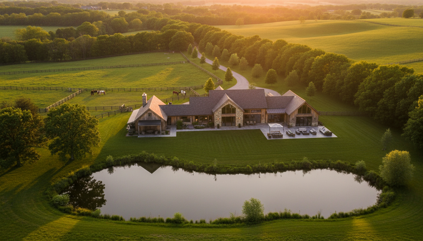 Aerial view of a luxury rural estate with farmhouse, pond, pasture and horses at sunset
