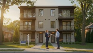 Small multi-unit residential building with real estate agent and investor discussing rental property in front of building