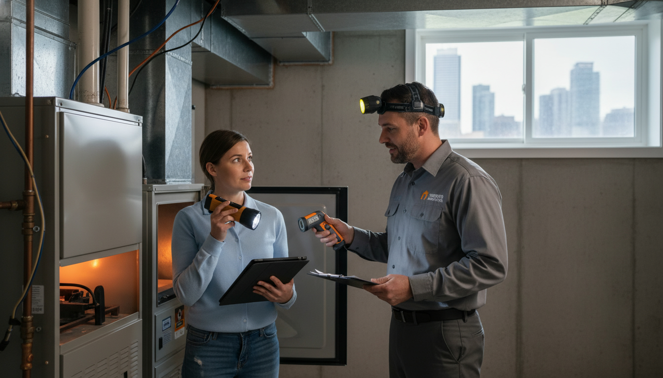 Buyer holding checklist inspecting basement furnace with professional inspector nearby using thermal camera