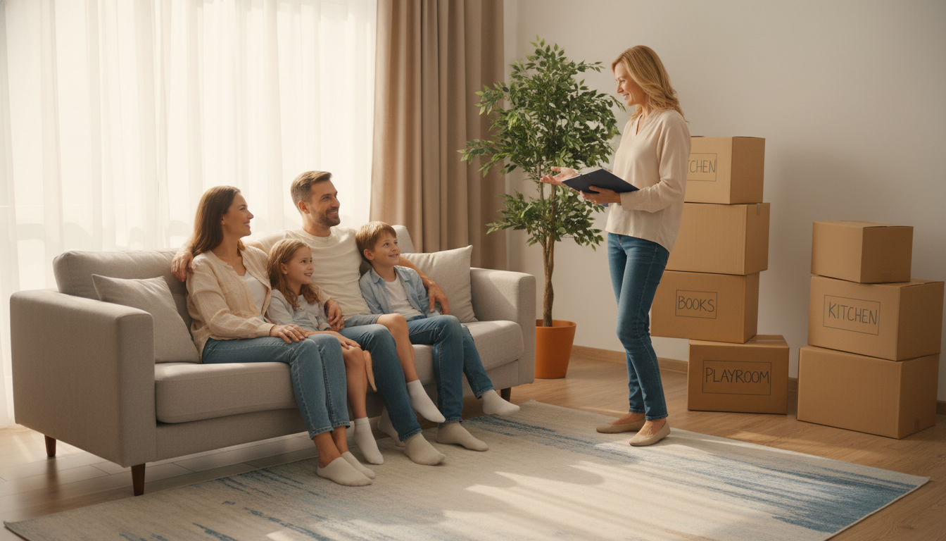 Calm family with realtor in bright living room during home sale, boxes in background