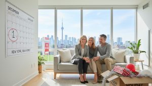 Realtor advising homeowners with calendar showing December and January and Toronto skyline visible