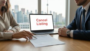 Homeowner and real estate agent reviewing a listing agreement contract, pen and laptop on table, Toronto skyline visible.