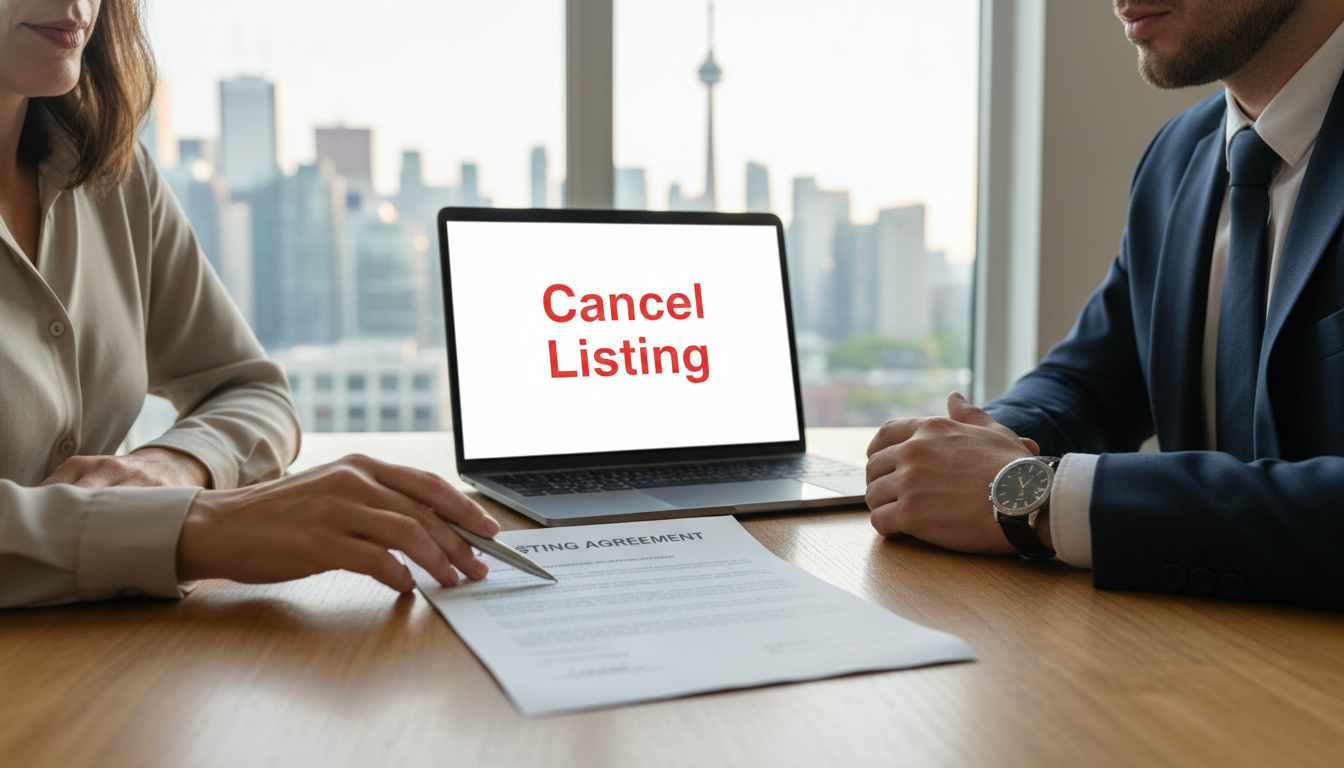 Homeowner and real estate agent reviewing a listing agreement contract, pen and laptop on table, Toronto skyline visible.