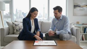 Realtor and homeowner planning showing schedule with calendar in modern living room, Toronto skyline visible.