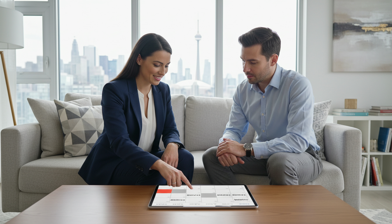 Realtor and homeowner planning showing schedule with calendar in modern living room, Toronto skyline visible.
