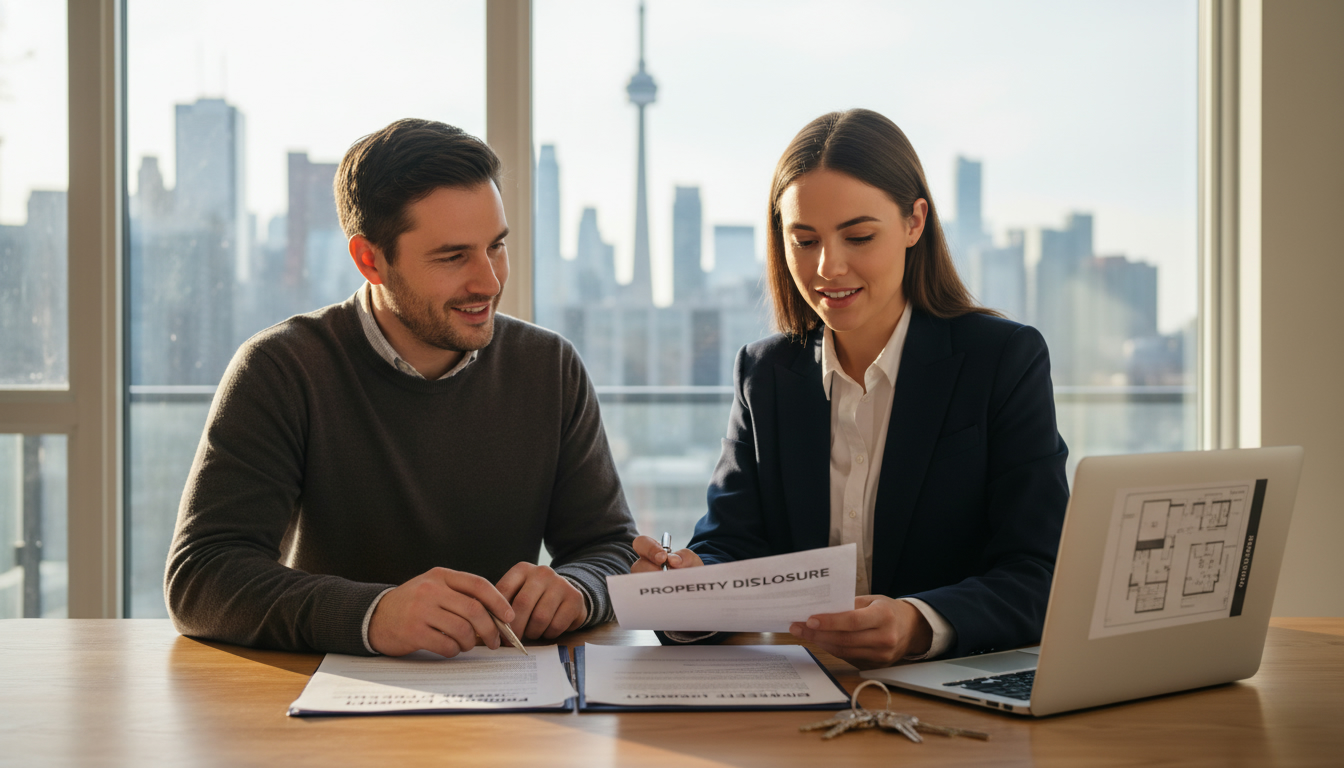 Real estate agent reviewing seller disclosure and inspection documents with homeowner in Ontario home with Toronto skyline visible.