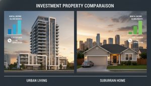 Side-by-side image of a condo building and a single-family house with rental income and cap rate icons illustrating investment comparison.