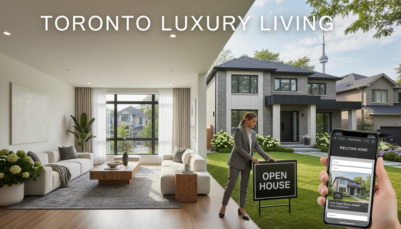 Open house promotion with realtor, staged interior, smartphone showing landing page and social media ads