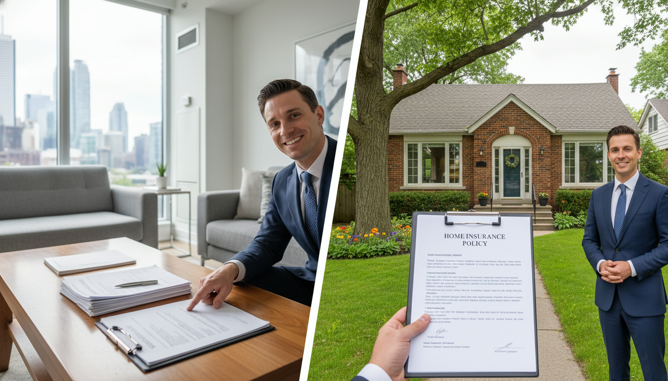 Split-screen condo interior with insurance documents and detached house exterior with home insurance clipboard and realtor pointing