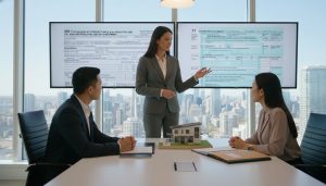 Realtor advising clients with house model and tax documents about deferring taxes when buying property.